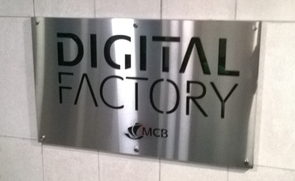 Door sign of the Digital Factory, 4th floor at Harbour Front building, Port Louis